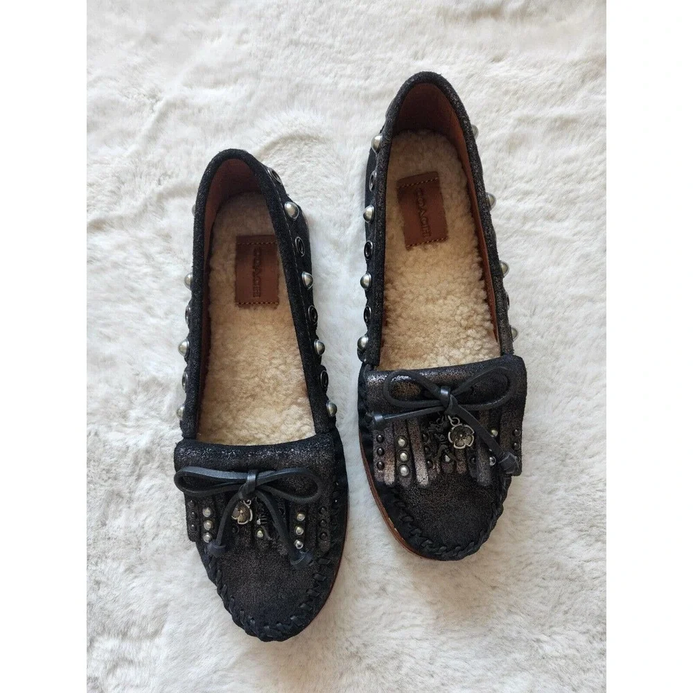New Coach Roccasin Slip On Mocassin Flats Gold Metallic Black Size 5.5 - Picture 2 of 11